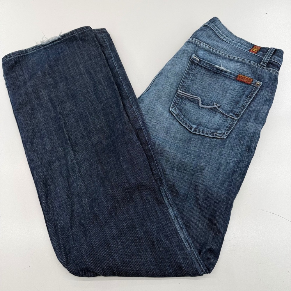 7 For All Mankind Bootcut Jeans Dark Wash Blue Denim Squiggle Pocket 34 x 34